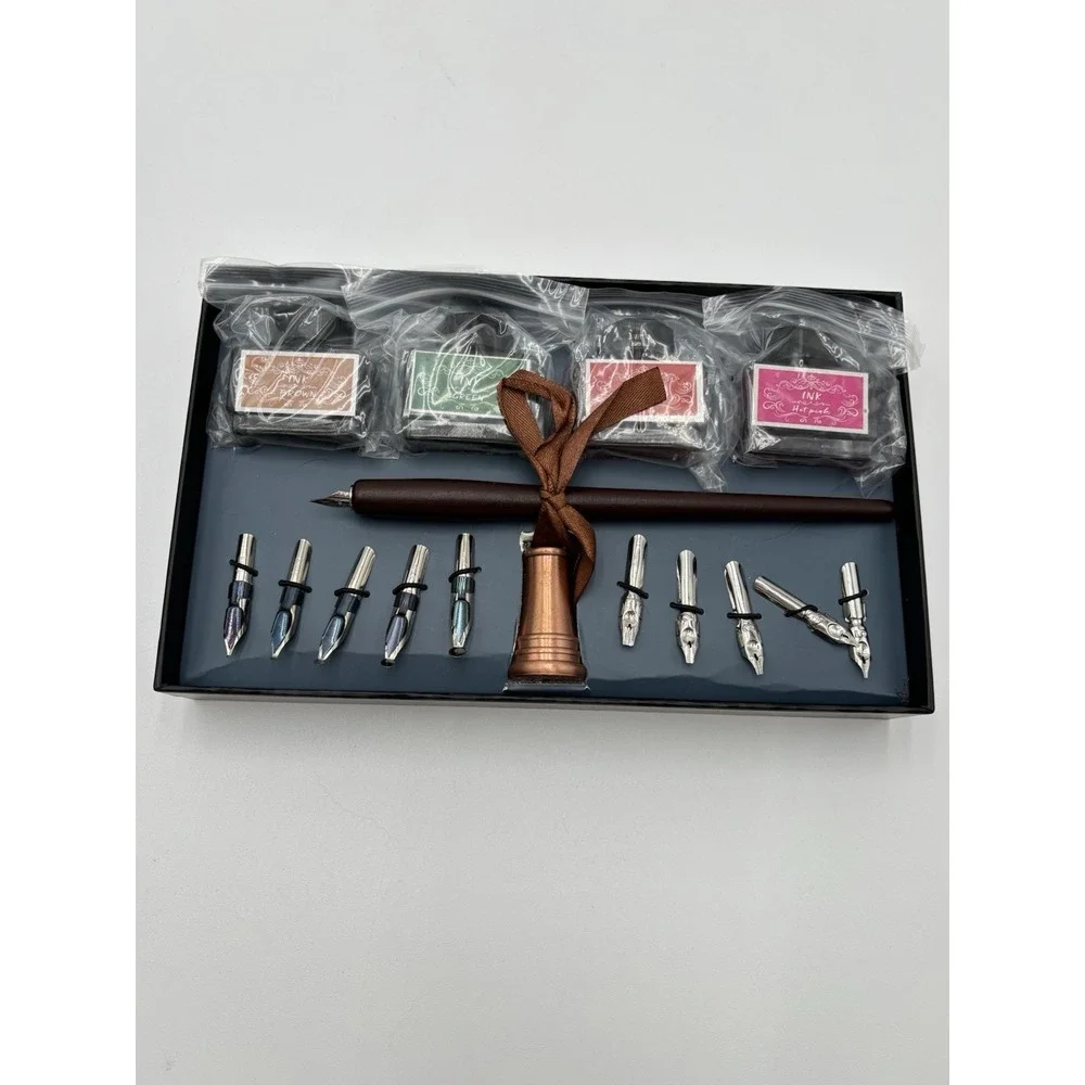 Calligraphy Dip Pen Set 10 Nibs 4 Color Inks Wax Seal Writing Gift Box